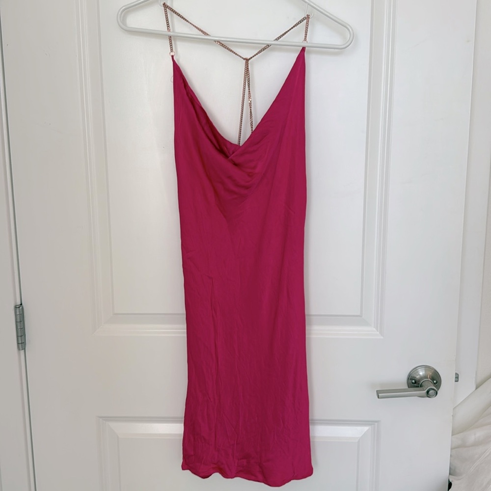Hot Pink Rose Gold Chain Satin Cowl Neck Slip Dress